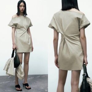 NWOT Zara Pleated Asymmetrical Mini Dress Light Khaki Green